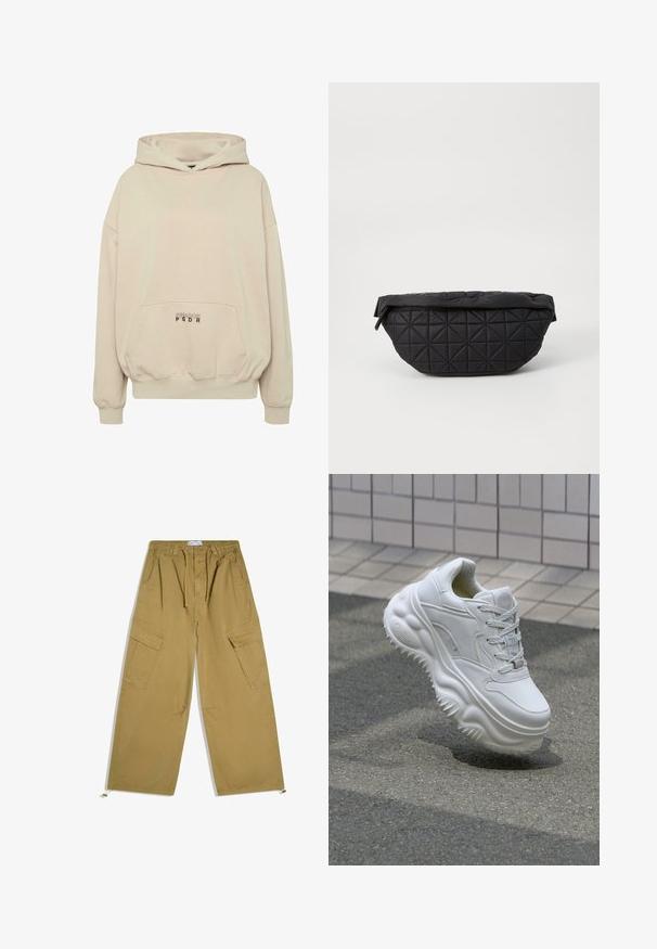 Sweat à capuche beige avec une poche avant, des poignets côtelés et une capuche à cordon. Texte "PECADOR PGDR" imprimé sur la zone de la poche.; Pantalon cargo kaki à jambes larges avec taille à cordon, poches latérales à rabat et cordons ajustables aux chevilles, étalé à plat sur fond blanc.; Baskets blanches en cuir avec une semelle épaisse, des détails texturés et un système de laçage. Présente des accents moulés et une finition lisse.; Sac noir matelassé avec une texture douce et rembourrée, un motif en diamant angulaire, une silhouette arrondie et une fermeture éclair.