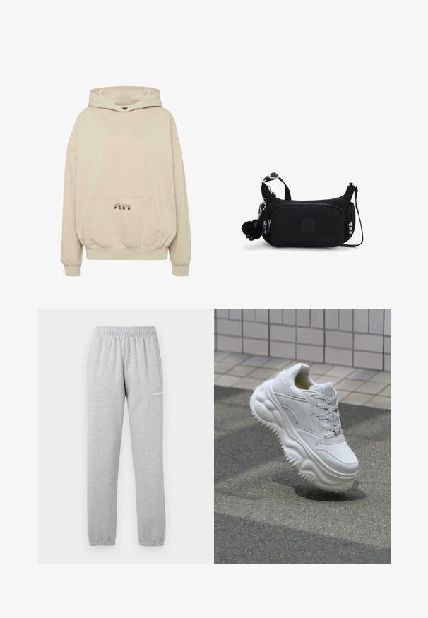 Beige hoodie met een voorzak, geribbelde boorden en een capuchon met trekkoord. "PECADOR PGDR" tekst gedrukt op het zakgebied.; Grijze joggingbroek van zachte stof, met een elastische tailleband, geribbelde enkels en een zijzak. Logo gedrukt op de linkerdij.; Witte leren sneaker met een zware zool, textuurdetails en vetersluiting. Beschikt over gevormde accenten en een gladde afwerking.; Zwarte nylon crossbodytas met een getextureerd oppervlak, twee ritssluitingen, een ronde logopatch en een zachte pompon sleutelhanger.