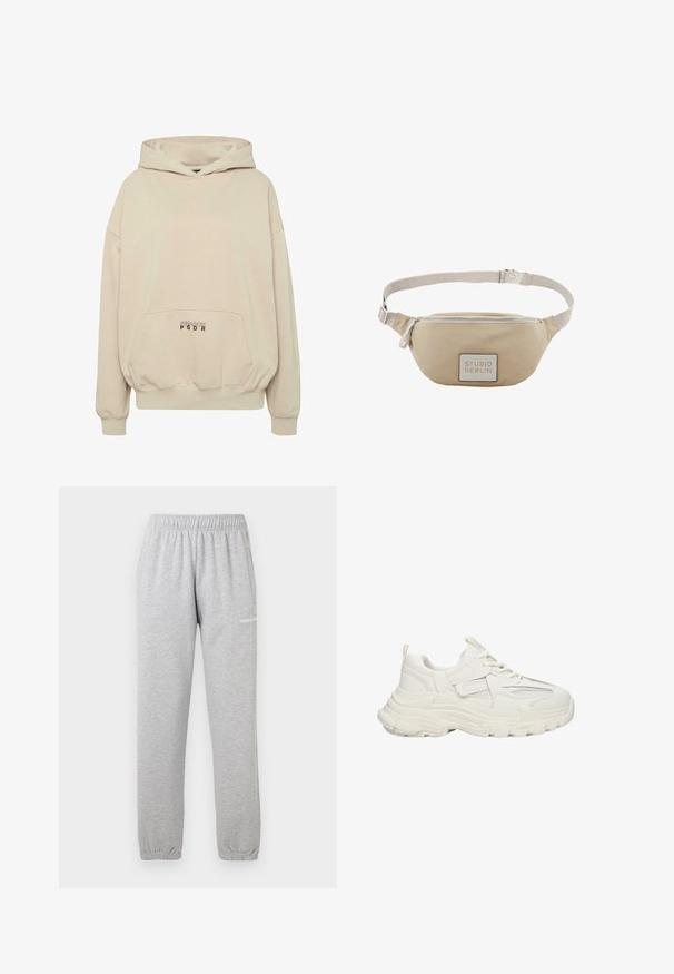 Beiger Hoodie mit Fronttasche, gerippten Bündchen und Kordelzugkapuze. "PECADOR PGDR" Schriftzug auf dem Taschenbereich.; Graue Sweatpants aus weichem Material, mit einem elastischen Bund, Bündchen an den Knöcheln und einer Seitentasche. Logo auf dem linken Oberschenkel aufgedruckt.; Klüpfige weiße Sneakers mit Obermaterial aus strukturiertem Gewebe und Netzdetails, dicker Gummisohle, runder Zehenpartie und dekorativen Akzenten an den Seiten.; Beige Bauchtasche mit Reißverschluss und verstellbarem Riemen, mit dem Text "STUDIO BERLIN" auf dem vorderen Aufnäher und dem Riemen.