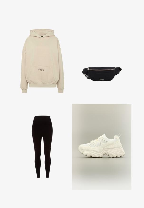 Sudadera con capucha beige con bolsillo frontal, puños acanalados y capucha con cordón. Texto "PECADOR PGDR" impreso en el área del bolsillo.; Leggings negras hechas de un material elástico, con una cintura alta, textura suave y un diseño ajustado, sin ningún patrón ni adornos.; Zapatilla blanca gruesa con suela gruesa y texturizada, paneles de malla, cierre de cordones en la parte delantera y tira en el talón sobre un fondo neutro.; Riñonera de tela negra con cremallera plateada y correa ajustable, con pequeño logo blanco "Bimba y Lola" en el frente.