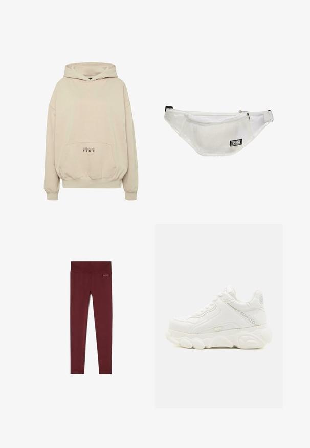 Beige hættetrøje med en forlomme, ribbede manchetter og snøre i hætten. "PECADOR PGDR" tekst trykt på lommedelen.; Maronfarvede ribbede leggings med en bred talje, der har struktureret stof og et lille brandlogo på hoften for ekstra detalje.; Hvid chunky sneaker med tyk sål, snørelukning og "Buffalo" branding på siden og hælen.; Gennemsigtig bæltetaske lavet af transparent materiale, med en mesh-lomme, lynlås lukning og justerbar rem. Sort mærke-label vist.