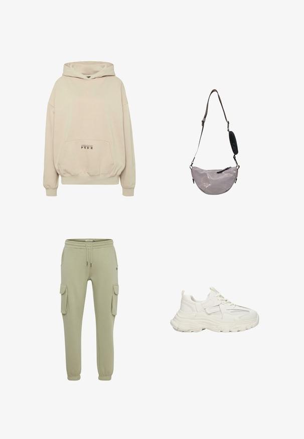 Beige hoodie met een voorzak, geribbelde boorden en een capuchon met trekkoord. "PECADOR PGDR" tekst gedrukt op het zakgebied.; Lichtgroene cargobroeken van zacht stof, met zijzakken, elastische manchetten en een koordje in de taille voor een verstelbare pasvorm.; Robuuste witte sneakers met een textuur bovenkant met mesh details, dikke rubberen zool, ronde neus en decoratieve accenten aan de zijkanten.; Kleine glanzende lichtpaarse crossbodytas met verstelbare donkerbruine band en een aangehecht klein zwart zakje met rits.