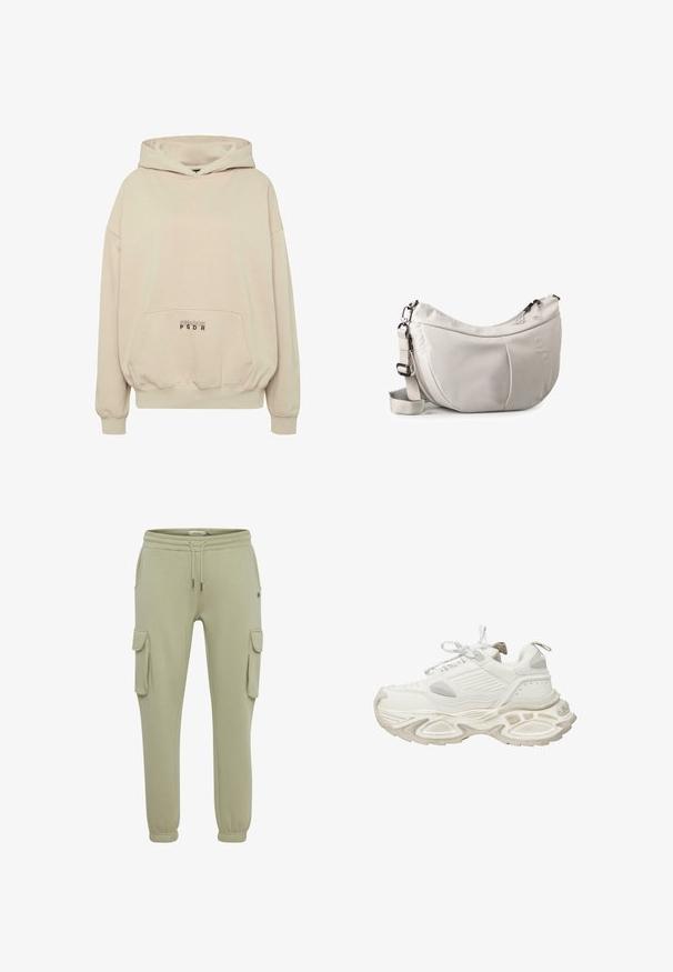 Beige hoodie met een voorzak, geribbelde boorden en een capuchon met trekkoord. "PECADOR PGDR" tekst gedrukt op het zakgebied.; Lichtgroene cargobroeken van zacht stof, met zijzakken, elastische manchetten en een koordje in de taille voor een verstelbare pasvorm.; Witte sport sneakers met gestructureerde overlays, vetersluiting, een dikke zool en een trekloop aan de hiel, met subtiele merktekens.; Lichtgrijze, sikkelvormige schoudertas met verstelbare band, ritssluiting en subtiel reliëflogo aan de voorkant.