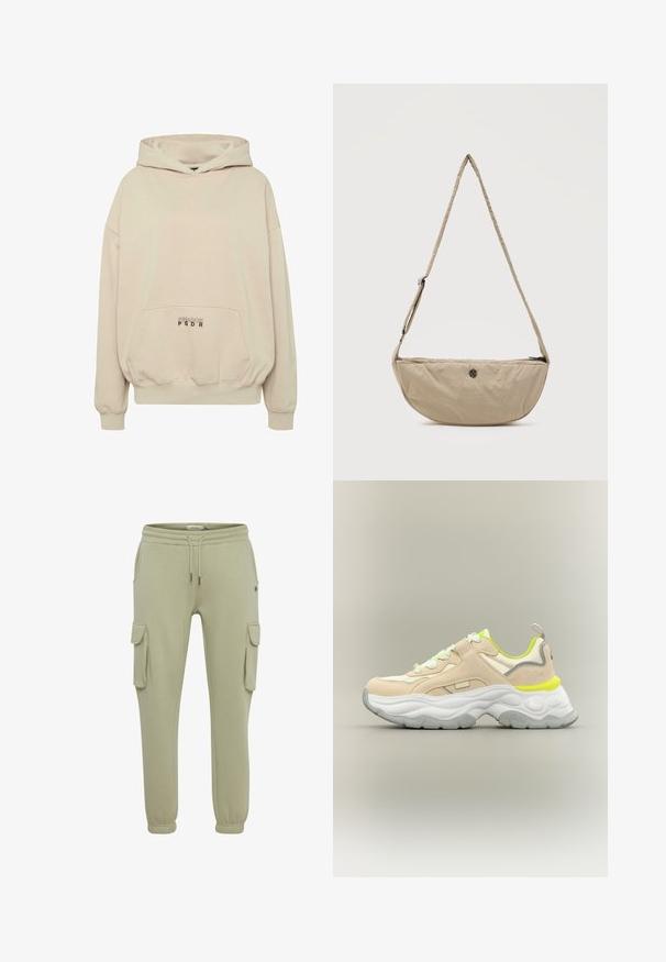 Sweat à capuche beige avec une poche avant, des poignets côtelés et une capuche à cordon. Texte "PECADOR PGDR" imprimé sur la zone de la poche.; Pantalons cargo en vert clair en tissu doux, avec poches latérales, poignets élastiqués et une taille à cordon pour un ajustement réglable.; Baskets épaisses beige et blanches avec des accents jaune néon, semelle texturée, lacets à l'avant et languette de tirage sur fond neutre.; Sac bandoulière beige en forme de croissant, avec sangle ajustable et petit logo rond en métal sur le devant, fermeture éclair en haut.