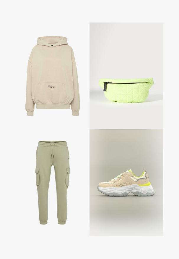 Beige hættetrøje med en forlomme, ribbede manchetter og snøre i hætten. "PECADOR PGDR" tekst trykt på lommedelen.; Lysgrønne cargo-sweatpants lavet af blødt stof, med sidelommer, elastiske cuffs og en snøre i taljen for justerbar pasform.; Beige og hvide chunky sneakers med neon gule detaljer, tekstureret sål, snørebånd foran og trækkesnor på neutral baggrund.; Lysegrøn quiltet stof bælletaske med sort lynlås og trækflig, vist på neutral baggrund.