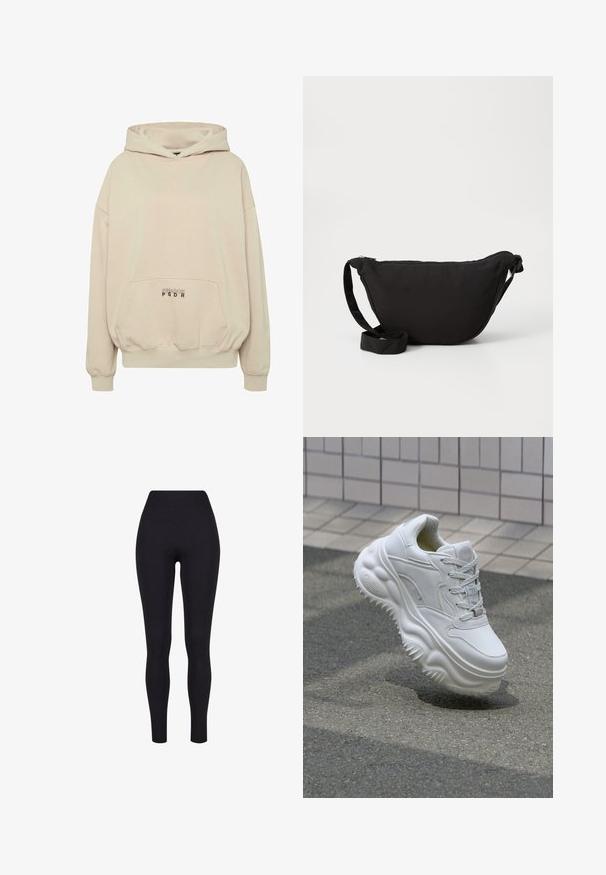 Beige hættetrøje med en forlomme, ribbede manchetter og snøre i hætten. "PECADOR PGDR" tekst trykt på lommedelen.; Sorte højtaljerede leggings, lavet af strækbart stof, med en glat tekstur og en tætsiddende design uden synlige sømme eller mønstre.; Hvide lædersneakers med en kraftig sål, teksturerede detaljer og snørelukning. Har formede accenter og en glat finish.; Sort hobo taske lavet af blødt stof, med en buet form, lynlåslukning og en bred justerbar rem. Glat tekstur uden mønstre.