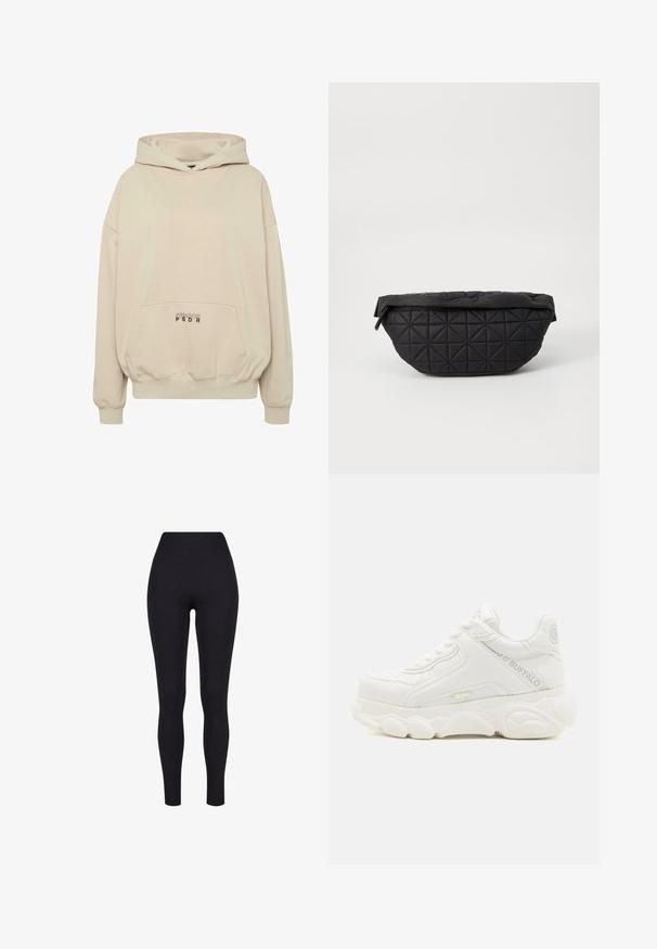 Beige hættetrøje med en forlomme, ribbede manchetter og snøre i hætten. "PECADOR PGDR" tekst trykt på lommedelen.; Sorte højtaljerede leggings, lavet af strækbart stof, med en glat tekstur og en tætsiddende design uden synlige sømme eller mønstre.; Hvid chunky sneaker med tyk sål, snørelukning og "Buffalo" branding på siden og hælen.; Sort quiltet taske med en blød, polstret tekstur og et vinkelret diamantmønster, med en buet silhuet og lynlåslukning.
