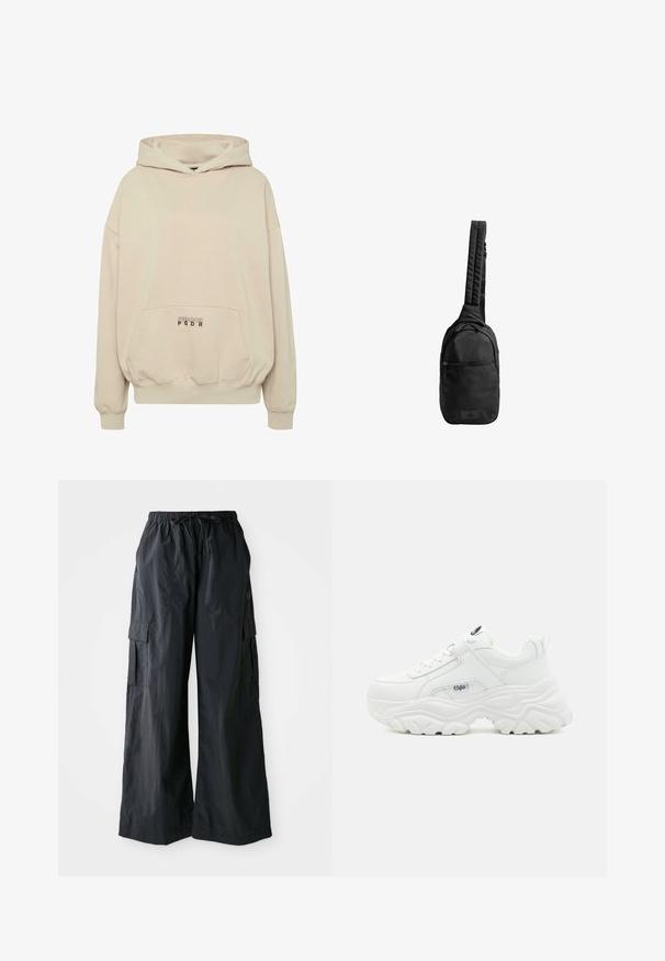 Sudadera con capucha beige con bolsillo frontal, puños acanalados y capucha con cordón. Texto "PECADOR PGDR" impreso en el área del bolsillo.; Pantalones cargo negros hechos de una tela ligera, con un diseño de pierna ancha, cinturilla elástica y múltiples bolsillos laterales. Sencillos y funcionales.; Zapatillas blancas voluminosas con parte superior de piel lisa, punta redonda y suela gruesa texturizada con un logo de la marca visible en el lateral.; Bolso de hombro negro hecho de tejido texturizado, con una sola correa acolchada, bolsillo con cremallera en la parte frontal y parche con el logo en la base.