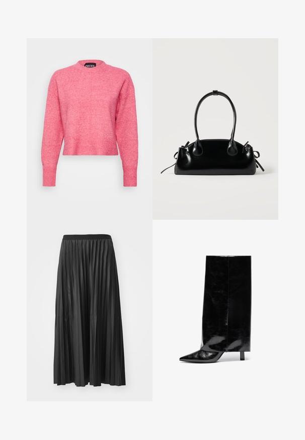 Roze cropped sweater met een ronde halslijn, lange mouwen, geribde manchetten en zoom, met een licht gestructureerde afwerking. Merklabel zichtbaar.; Zwarte geplisseerde maxi rok met een gladde textuur en een elastische tailleband, met verticale plooien die volume en beweging creëren.; Zwarte leren enkelboot met puntschoen en blokhak, met een hoge, glanzende schacht en een gestructureerde afwerking op het onderste gedeelte.; Kleine zwarte glanzende handtas met twee lange hengsels en zijkant trekkoord details op een effen lichte achtergrond.