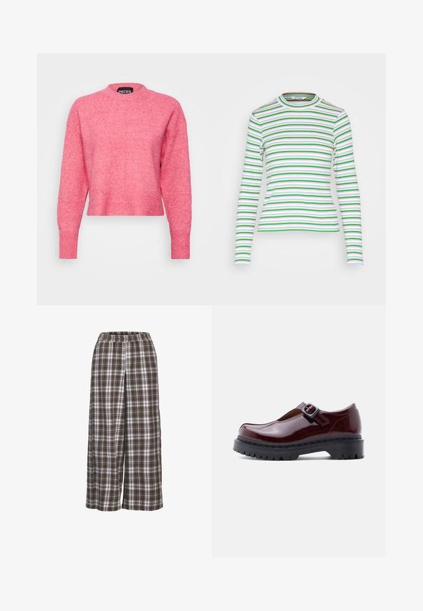 Roze cropped sweater met een ronde halslijn, lange mouwen, geribde manchetten en zoom, met een licht gestructureerde afwerking. Merklabel zichtbaar.; Monki Longsleeve - multi-coloured; Brede geruite broek in bruin, wit en grijs; elastische tailleband; zacht materiaal; heeft een klassiek ruitpatroon.; Bordeauxrode lakleren schoen met een ronde neus, verstelbare gesp en een dikke zwarte plateauzool met een geribbelde textuur.