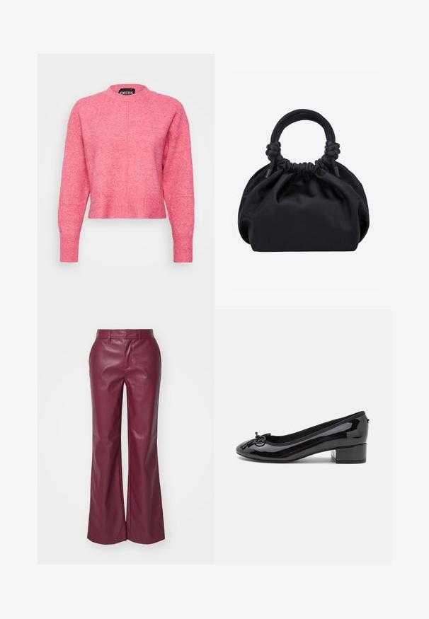 Roze cropped sweater met een ronde halslijn, lange mouwen, geribde manchetten en zoom, met een licht gestructureerde afwerking. Merklabel zichtbaar.; Bordeaux leren uitlopende broeken met een gladde textuur, riemlussen en zijzakken; getailleerde pasvorm met een hoge taille.; Zwarte gepatineerde leren balletschoen met een ronde neus, een kleine blokhak en een decoratieve strik aan de voorkant. Gladde oppervlakte en gevoerde binnenkant.; Zwarte zachte stoffen handtas met geplooide bovenkant en ronde gewatteerde handvatten, vastgeknoopt aan elke kant.