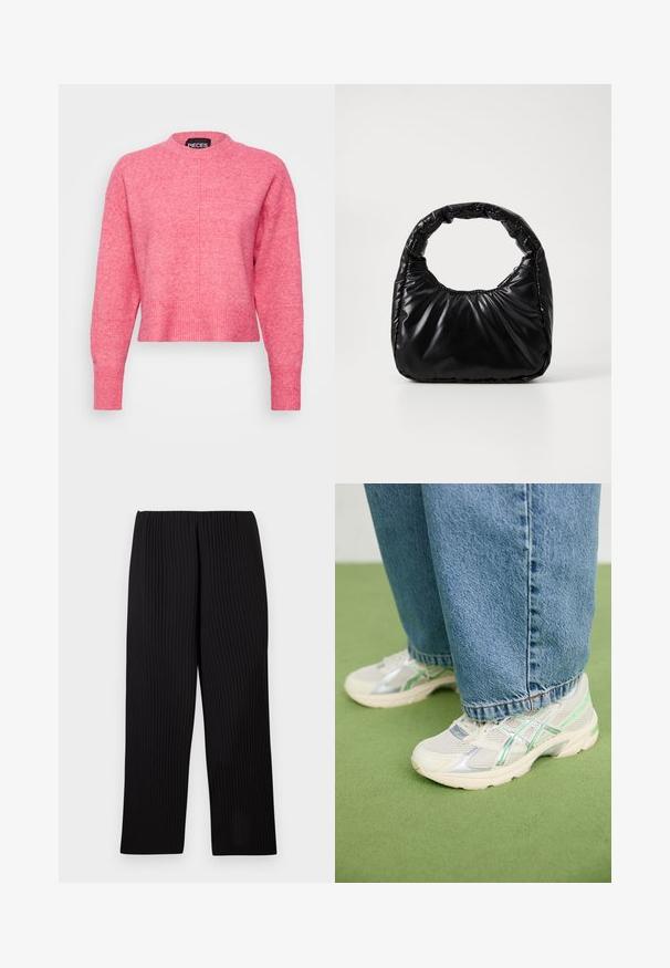 Rosa cropped sweater med rund hals, lange ærmer, ribbede manchetter og kant. Afslutningen har en let tekstureret finish. Mærket er synligt.; Sorte ribstrikkede bukser med vide ben. Har en glat struktur og elastik i taljen. Lige snit ned til anklen.; Hvide og sølvfarvede mesh sneakers med grønne accenter, båret med løse blå jeans, stående på et grønt tæppe.; Sort polstret håndtaske med et rundt håndtag, der har en glat, skinnende overflade og en blød, kviltet tekstur. Ingen synlige hardware eller accenter.