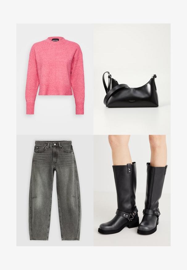 Rosa cropped sweater med rund hals, lange ærmer, ribbede manchetter og kant. Afslutningen har en let tekstureret finish. Mærket er synligt.; Højtaljede gråvaskede denimjeans med fem lommer, knaplukning og en afslappet lige pasform.; Sorte læder støvler i knæhøjde med bred skaft, remdetaljer, sølv hardware og flad sål. Glat tekstur med en let glans.; Sort læderhåndtaske med en glat tekstur. Har en justerbar stropp og et enkelt, minimalistisk design med lynlås.