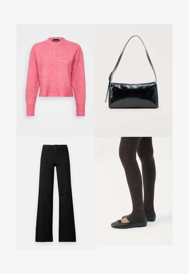 Roze cropped sweater met een ronde halslijn, lange mouwen, geribde manchetten en zoom, met een licht gestructureerde afwerking. Merklabel zichtbaar.; Zwarte hoge taille wijde broek met knoop- en ritssluiting aan de voorkant, riemlussen en voorzakken op een witte achtergrond.; Benen met donkere geribbelde leggings gecombineerd met zwarte ballerina's met kleine strikdetails op een witte achtergrond.; Zwarte rechthoekige schoudertas met een enkele verstelbare band en een bovenste ritssluiting op een effen achtergrond.