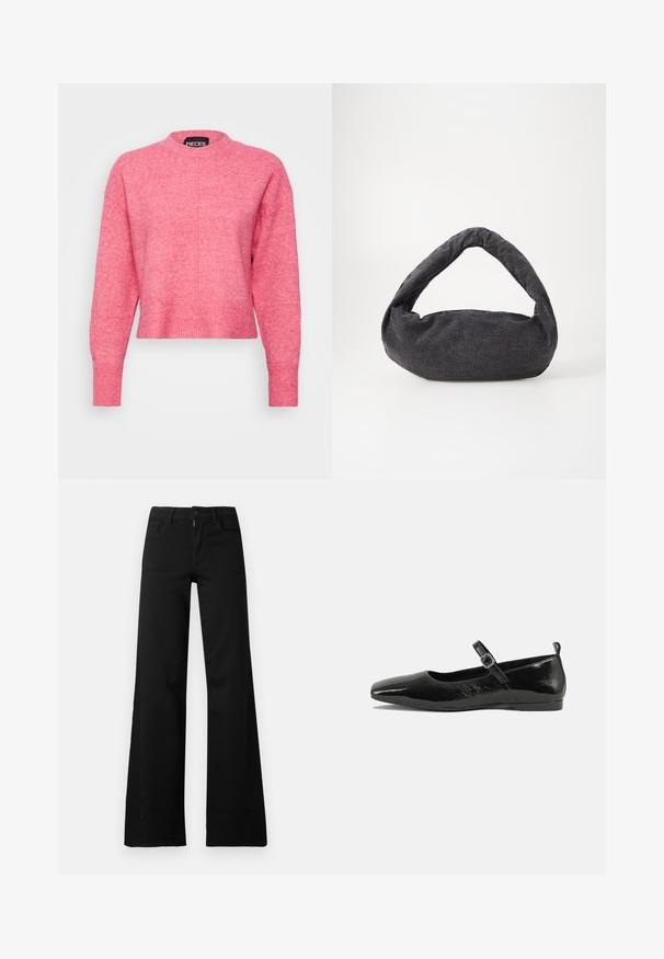 Rosa cropped sweater med rund hals, lange ærmer, ribbede manchetter og kant. Afslutningen har en let tekstureret finish. Mærket er synligt.; Sorte højtaljede bukser med vide ben med lukning foran med knap og lynlås, bæltestropper og forlommer på hvid baggrund.; Sorte patentlæder flade sko med spidse tæer, en ankelrem med spænde og en glat, blank tekstur. Lav hæl for komfort.; Mørkegrå stofpose med et buet håndtag, blød tekstur og rund form. Ingen synligt hardware eller pynt.