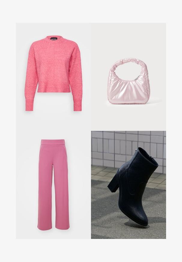 Roze cropped sweater met een ronde halslijn, lange mouwen, geribde manchetten en zoom, met een licht gestructureerde afwerking. Merklabel zichtbaar.; Wijduitlopende broek in een effen roze kleur. Gemaakt van een gladde stof met een elastische tailleband en zijzakken. Geen zichtbare patronen of hardware.; Zwarte textuurleren enkellaars met blokhak, schuin weergegeven boven een geplaveide ondergrond en een betegelde muur op de achtergrond.; Roze, gevoerde handtas met een afgeronde vorm, gemaakt van glanzend materiaal. Beschikt over een geplooide handgreep en een ritssluiting voor veilige toegang.