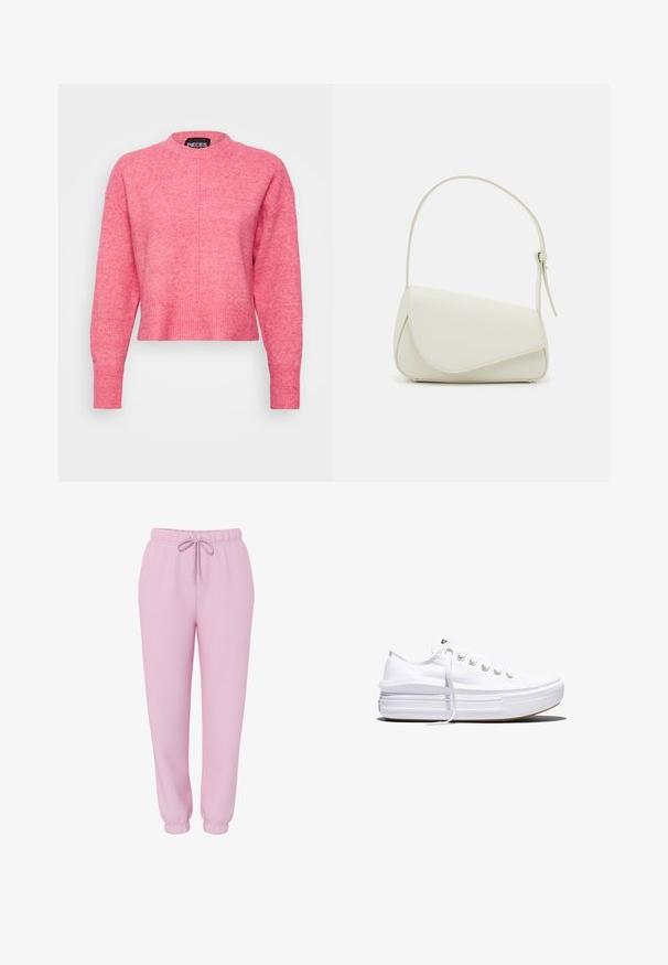 Roze cropped sweater met een ronde halslijn, lange mouwen, geribde manchetten en zoom, met een licht gestructureerde afwerking. Merklabel zichtbaar.; Lichtroze joggingsbroek met elastische tailleband, trekkoord, zijzakken en elastische boorden, afgebeeld op een witte achtergrond.; Witte lage canvas sneaker met dikke plateauzool, veters aan de voorkant en rubberen toeskap met structuur, zijaanzicht.; Witte nepleren handtas met een gestructureerde driehoekige vorm, een enkele verstelbare schouderriem en een klep met ronde accenten.