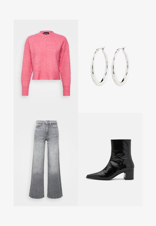 Roze cropped sweater met een ronde halslijn, lange mouwen, geribde manchetten en zoom, met een licht gestructureerde afwerking. Merklabel zichtbaar.; Grijze denim wijde pijpen jeans met een licht naar donker verloop, voorzien van een hoge taille, vijf zakken en een klassieke knoopsluiting.; Zwarte gepatineerde leren enkelboot met een spitse neus, gestructureerde bovenkant en een chunky hak. Beschikt over een gladde, glanzende textuur.; Zilveren oorbellen in de vorm van een gladde, glanzende ring. Circulaire vorm, voorzien van een veilige sluiting. Eenvoudig en elegant ontwerp.