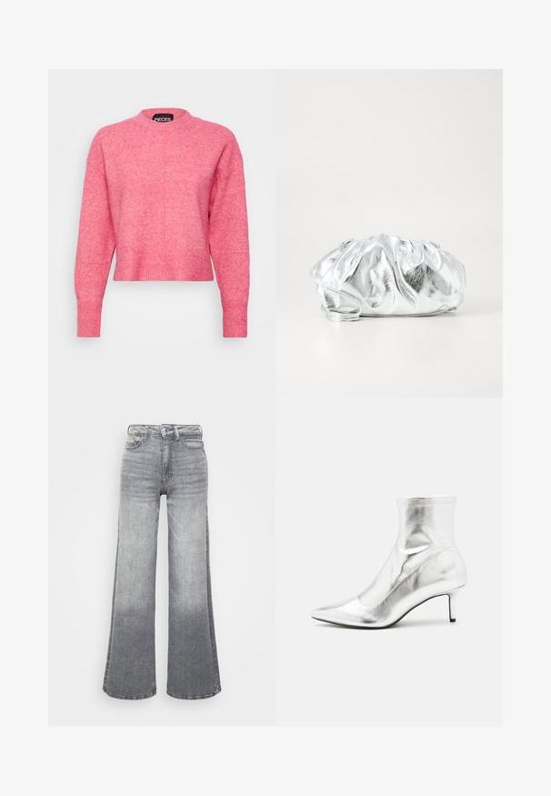 Roze cropped sweater met een ronde halslijn, lange mouwen, geribde manchetten en zoom, met een licht gestructureerde afwerking. Merklabel zichtbaar.; Grijze denim wijde pijpen jeans met een licht naar donker verloop, voorzien van een hoge taille, vijf zakken en een klassieke knoopsluiting.; Zilverkleurige metallic enkelboot met een spitse neus en een smalle hak. Beschikt over een strakke pasvorm en een gladde, glanzende textuur. Naadaccenten aan de bovenkant.; Metalen zilveren clutch tas met een zachte, geplooide body en een dunne schouderriem. Kenmerkt zich door een gladde, glanzende textuur en afgeronde vorm.
