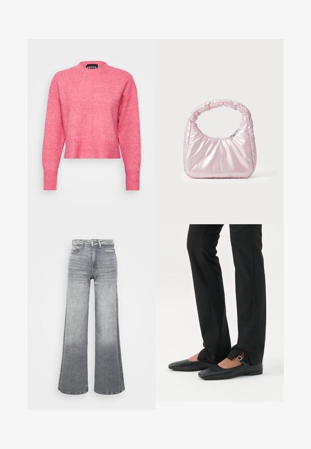 Roze cropped sweater met een ronde halslijn, lange mouwen, geribde manchetten en zoom, met een licht gestructureerde afwerking. Merklabel zichtbaar.; Grijze denim wijde pijpen jeans met een licht naar donker verloop, voorzien van een hoge taille, vijf zakken en een klassieke knoopsluiting.; Benen met zwarte smalle broek met voorsplitten aan de zoom, gecombineerd met zwarte platte Mary Jane-schoenen met een klein gespje.; Roze, gevoerde handtas met een afgeronde vorm, gemaakt van glanzend materiaal. Beschikt over een geplooide handgreep en een ritssluiting voor veilige toegang.