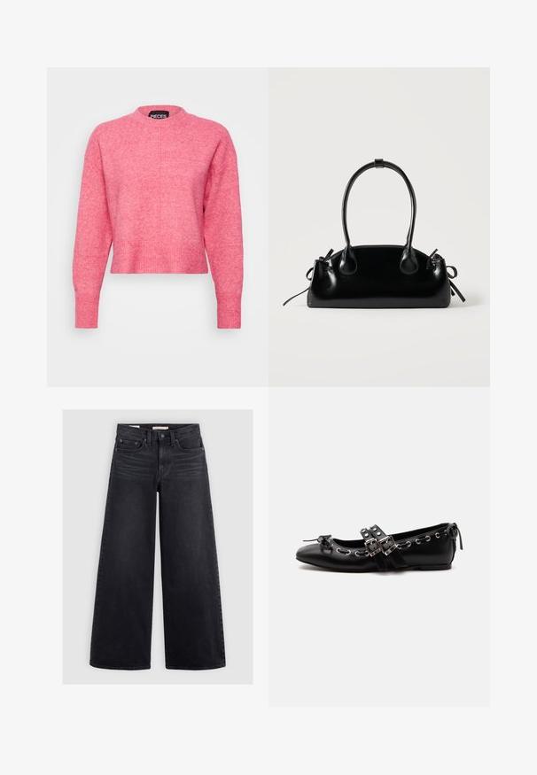 Rosa cropped sweater med rund hals, lange ærmer, ribbede manchetter og kant. Afslutningen har en let tekstureret finish. Mærket er synligt.; Bredbenede sorte jeans lavet af denim, med høj talje, fem lomme-design og subtilt slid langs forsiden.; Sort flad balletsko med dobbelt spænde, sølvøjer og en lille sløjfe nær den runde tå på en hvid baggrund.; Lille sort blank håndtaske med to lange håndtag og snøre-detaljer i siden på en ensfarvet lys baggrund.