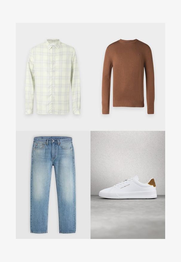 Suéter marrón de punto con mangas largas y cuello redondo. Borde y puños acanalados. Pequeño detalle del logo en el pecho.; Camisa de cuadros amarilla clara de manga larga con botones y cuello, mostrada extendida sobre un fondo blanco.; Vaqueros de mezclilla azul claro con un diseño clásico de cinco bolsillos y zonas desgastadas en los muslos, colocados planos sobre un fondo neutro.; Zapatilla blanca de corte bajo con lengüeta trasera de ante marrón, cordones blancos y logo de Tommy Hilfiger en el lateral, flotando sobre un suelo gris pulido.