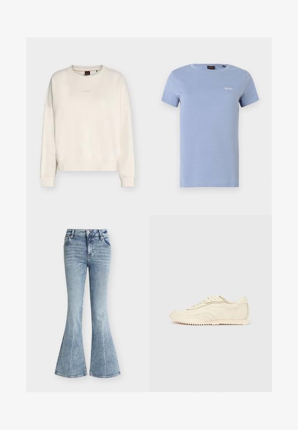 Sweat-shirt écru à col rond, manches longues, poignets et ourlet côtelés, petit logo brodé au centre de la poitrine.; T-shirt en coton bleu clair à manches courtes, col rond, avec le logo BOSS brodé en blanc sur le côté gauche de la poitrine. Texture douce, coupe décontractée.; Jean en denim bleu clair taille haute avec un lavage délavé, poches avant, fermeture par bouton et zip, et jambes évasées style pattes d'éléphant.; Baskets basses de couleur crème avec des coutures ondulées, une fermeture à lacets et une semelle crantée, vues de côté sur un fond uni.