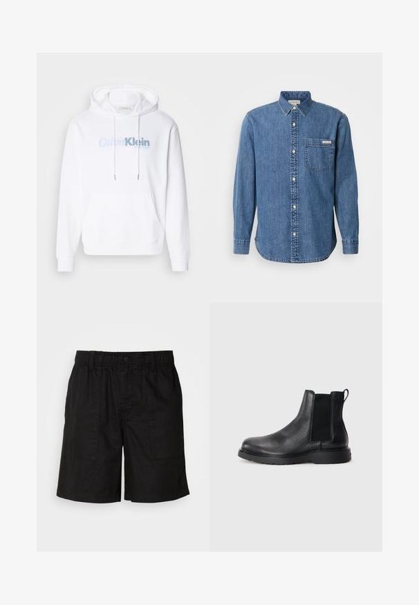 Sudadera blanca con capucha, hecha de tela suave, que presenta un bolsillo frontal, cordón y un logo en azul claro que dice "Calvin Klein New York".; Camisa de mezclilla en azul medio con cuello abotonado, mangas largas, bolsillo frontal y botones blancos. Presenta un dobladillo ligeramente curvado.; Pantalones cortos negros con una cinturilla elástica y cierre de botón. Cuenta con dos grandes bolsillos laterales de tela texturizada. Diseño casual.; Botas Chelsea de cuero negro con acabado texturizado, paneles laterales elásticos y una suela de goma resistente. Marca sutil en el talón.
