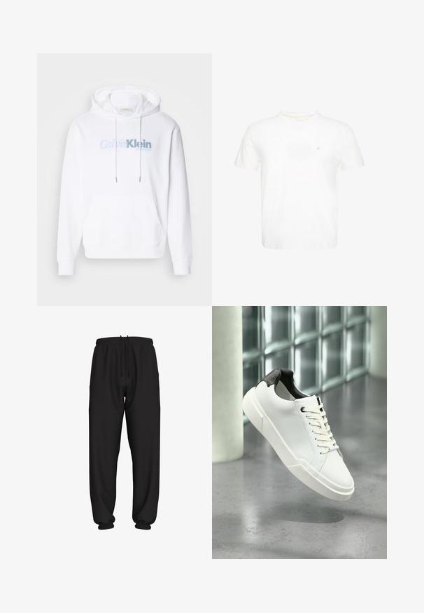 Sweatshirt à capuche blanc en tissu doux, doté d'une poche avant, d'un cordon de serrage et d'un logo "Calvin Klein New York" en bleu clair.; T-shirt blanc à manches courtes et col rond avec un petit logo "ck" brodé sur la poitrine gauche.; Pantalon de jogging noir coupe ample avec taille et poignets élastiques, doté d'un cordon de serrage réglable à la taille.; Baskets basses blanches avec languette de talon noire texturée, lacets blancs et semelle épaisse sur un sol en béton poli près de blocs de verre.