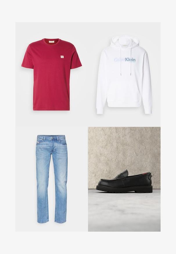 Valkoinen huppu-takki, joka on valmistettu pehmeästä kankaasta. Siinä on etutasku, kiristysnauha ja vaaleansininen "Calvin Klein New York" -logo.; Punainen puuvillainen T-paita, jossa on pyöreä kaula-aukko ja lyhyet hihat. Vasemmassa rinnassa on pieni valkoinen logopatchi. Silkkinen rakenne.; Vaaleansiniset suoralahkeiset farkut, joissa on etupainike ja vetoketju, vyölenkit ja etutaskut valkoisella taustalla.; Musta nahkainen loafer-kenkä, jossa on karkeapohja ja punainen sisävuori, ilmassa beigen maton ja puuhuonekalujen lähellä.