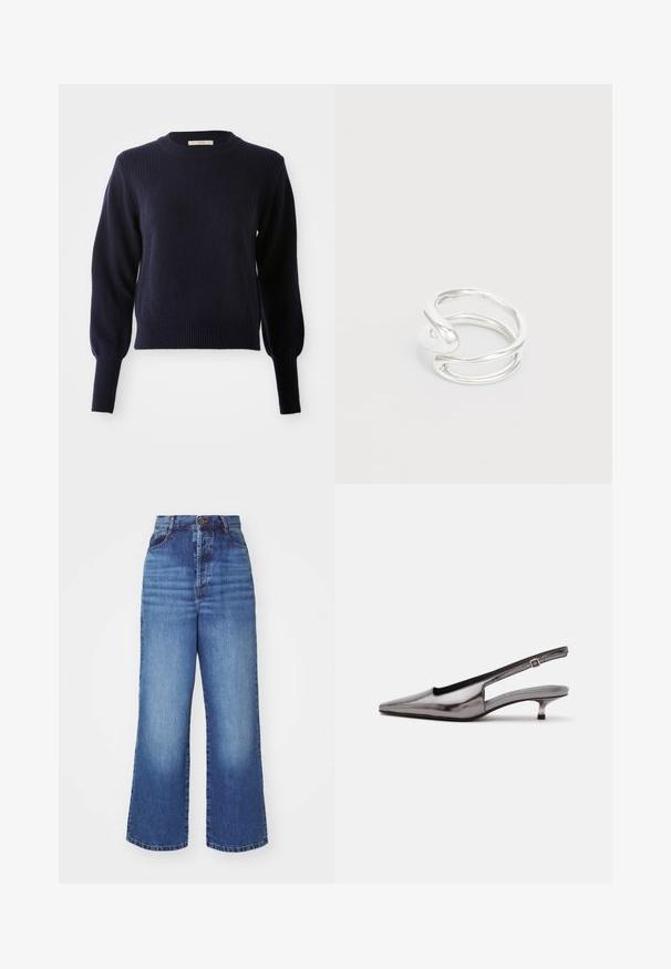 Suéter azul marino hecho de un suave tejido de punto, presenta un cuello redondo, detalles acanalados en los hombros y puños ajustados. Diseño de longitud corta.; Jeans de pierna ancha hechos de denim azul claro, con una cintura alta, cierre de botón clásico y un ligero desgaste en la parte delantera y trasera.; Zapato slingback gris metálico con punta puntiaguda, tacón bajo tipo kitten y correa ajustable sobre fondo blanco.; Anillo de metal plateado con un diseño retorcido y un acabado suave. El anillo presenta una forma abierta con un acento en espiral y una apariencia minimalista.