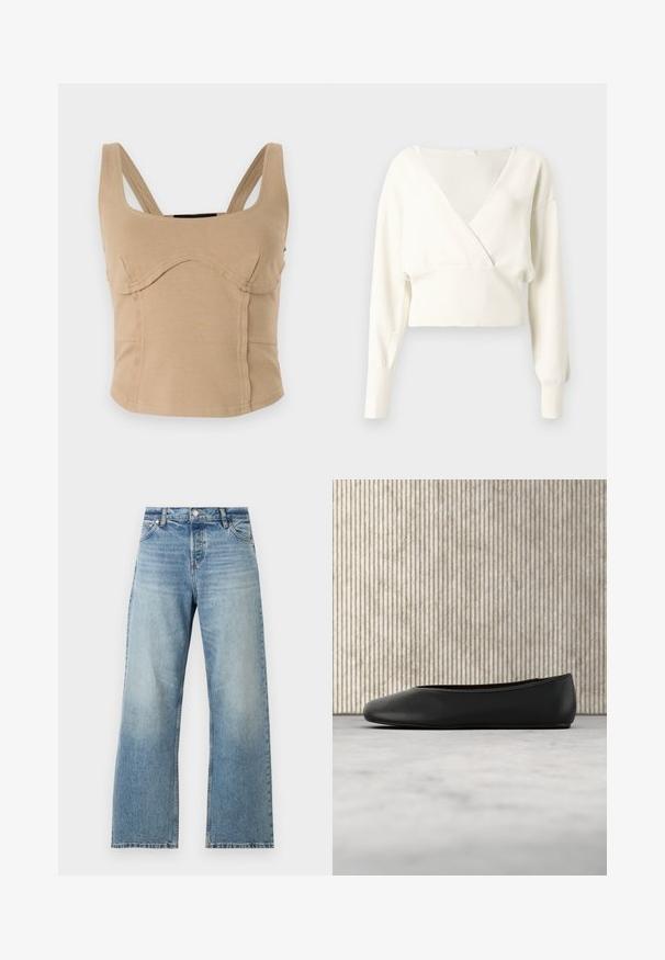 Hvid cropped sweater med dyb V-udskæring, lange ærmer og ribbet kant. Blød tekstur, let strikket stof, minimalistisk design.; Beige cropped top med brede skulderstropper, glat tekstur, buede sømme og en tætsiddende pasform. Ingen synlige lukninger eller dekorationer.; Lyseblå straight-leg denimjeans med falmet vask og klassisk fem-lomme design, frontknap og bæltestropper.; Sorte læder balletflade med en rund tå, glat tekstur og en gulds logoaccent på siden. Placeret over en reflekterende overflade.