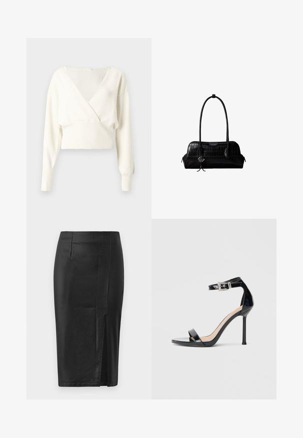 Suéter blanco corto con escote en V profundo, mangas largas y borde acanalado. Textura suave, tejido ligero, diseño minimalista.; Falda lápiz negra con una textura suave y elegante, con abertura lateral y costuras a medida, diseñada para una silueta ajustada.; Sandalia de tacón alto en piel sintética negra con correa en el tobillo. Presenta un diseño minimalista, punta abierta y una hebilla con detalles de pedrería.; Bolso de hombro negro de cuero con textura de cocodrilo, con correas largas y un pequeño colgante de logo plateado en una correa.