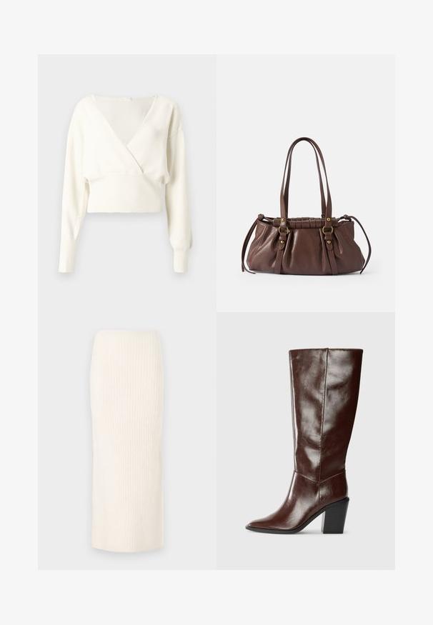 Suéter blanco corto con escote en V profundo, mangas largas y borde acanalado. Textura suave, tejido ligero, diseño minimalista.; Falda de punto color crema hasta la rodilla con textura acanalada, que presenta un diseño ajustado y una cinturilla elástica para mayor comodidad.; Bota alta de cuero marrón oscuro con punta afilada y tacón bloque apilado, mostrada de lado sobre un fondo liso.; Bolso de cuero marrón con dos asas largas, diseño acanalado, acentos de hardware en tono dorado y un acabado texturizado.