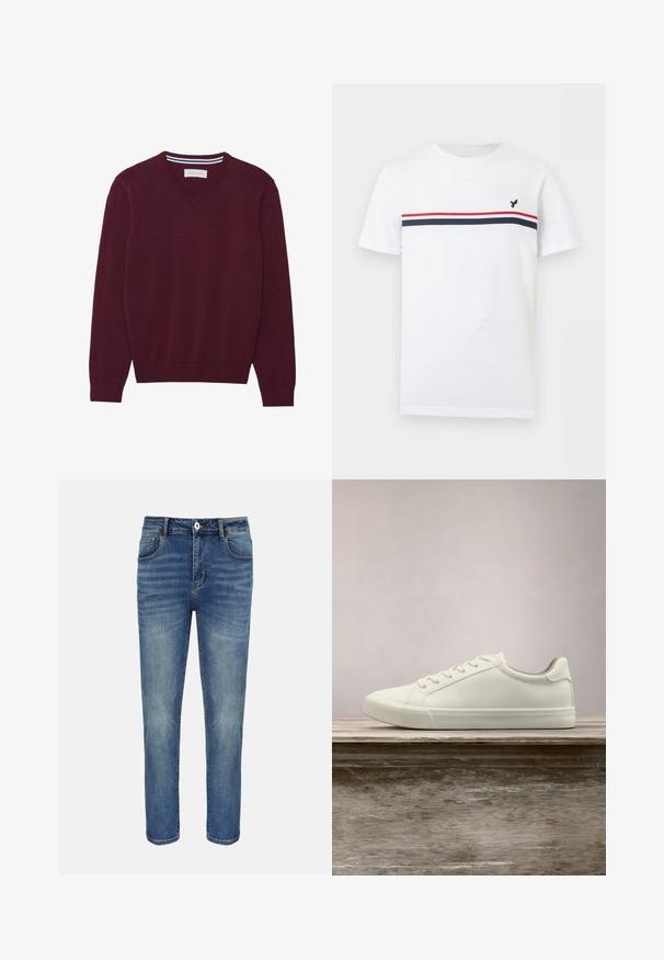 Bordeaux gebreid V-halstrui met lange mouwen en geribbelde manchetten en zoom. Beschikt over een contrasterende streep onder de halslijn.; Wit T-shirt met korte mouwen en ronde hals, voorzien van rode en marineblauwe horizontale strepen en een klein zwart vogel-logo op de linkerborst.; Blauwe straight-leg spijkerbroek met knoop- en ritssluiting aan de voorkant, riemlussen en voor- en achterzakken.; Witte vetersneaker die boven een houten bank zweeft met groene bladeren op de achtergrond, waarbij het ontwerp en de textuur van de schoen worden getoond.