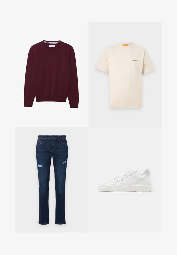 Burgundy neule V-pääntie villapaita, jossa on pitkät hihat ja ribbitaskut sekä helma. Ominaisuuksia on kontrastivärinen raita pääntien alapuolella.; Replay Inc. ESSENTIAL LOGO UNISEX - T-paita - ivory; Tummansiniset farkut suoran leikkauksen kanssa, joissa on kulutettuja repeämiä polvissa, perinteiset taskut ja näkyvät vastakkaiset ompeleet.; Valkoiset nahkakengät, joissa on sileä pinta, pyöreä kärki, litteät nauhat ja teksturoitu pohja. Harmaa mokkanahka korostaa kantapäätä.