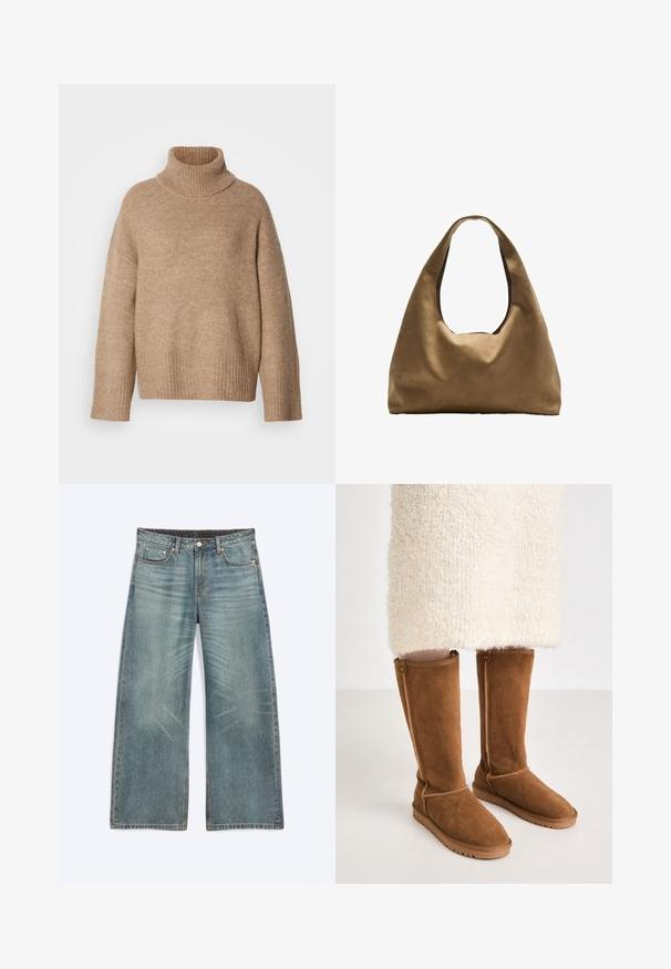 Pull col roulé beige en tissu maille douce. Doté d'un col côtelé et de poignets côtelés, avec une coupe décontractée et des coutures d'épaules tombantes.; Jean bleu à jambes larges avec poches avant, passants de ceinture, fermeture par boutons et détails subtils d’usure sur les cuisses et les genoux.; Bottes en suède marron à hauteur de genou avec une texture lisse, présentant des coutures latérales et une semelle en caoutchouc pour une bonne traction.; Sac à épaule en tissu marron avec un corps large et arrondi et une grande poignée découpée. Texture douce, design minimaliste et aucun matériel visible.
