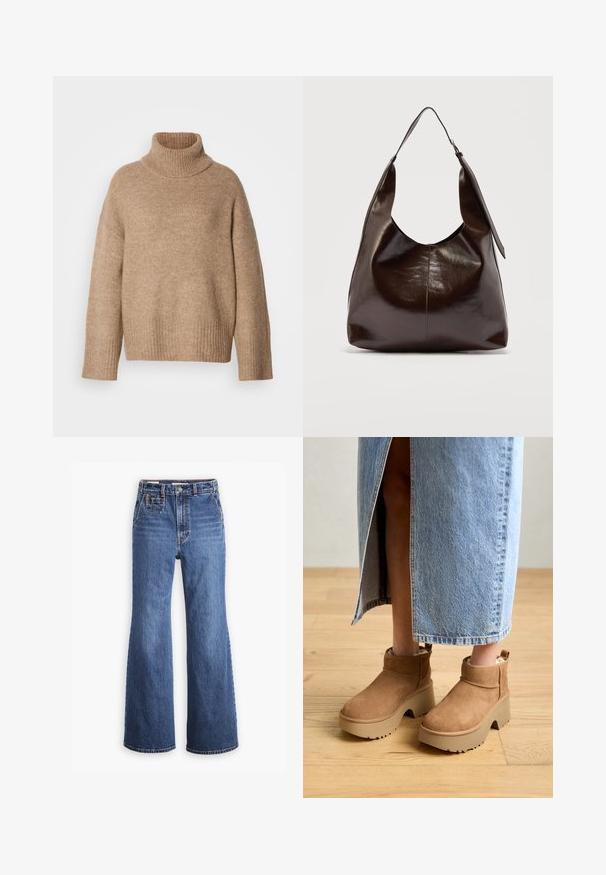 Suéter beige de cuello alto hecho de una tela de punto suave. Presenta un cuello y puños acanalados, con un ajuste relajado y costuras caídas en los hombros.; Pantalones vaqueros de denim azul de cintura alta con un diseño de pierna ancha, que cuentan con un bolsillo delantero, cierre de botón de bronce y costuras en contraste.; Botas de tobillo de ante marrón con una gruesa suela de plataforma beige. Presentan una punta redonda, un puño corto y un forro suave para mayor comodidad.; Bolso de hombro de cuero marrón oscuro brillante con una sola correa ancha y detalle de hebilla en un lado, colocado sobre un fondo claro y sencillo.