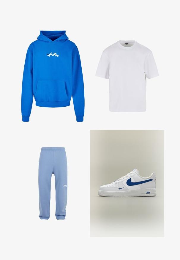 Blå hættetrøje lavet af bomuld, med en frontlomme og et grafik "YOUTH" logo i hvid og sort. Blød tekstur, casual pasform.; Hvid kortærmet t-shirt lavet af bomuld. Har en rund halsudskæring og en afslappet pasform. Glat tekstur, minimalistisk design, ingen mønstre eller accenter.; Lyseblå sweatpants med elastisk talje, tætsiddende ben og et hvidt logo på venstre lår. Lavet af blødt, struktureret stof.; Hvid Nike Air Force 1 sneaker med blå swoosh-logoer og "AIR" tekst på sålen, vist fra siden på en neutral baggrund.