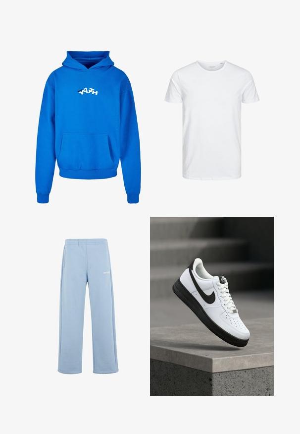 Blå hættetrøje lavet af bomuld, med en frontlomme og et grafik "YOUTH" logo i hvid og sort. Blød tekstur, casual pasform.; Rundhals kortærmet t-shirt i ensfarvet hvid, lavet af blød bomuld, har et simpelt design uden synlige mønstre eller detaljer.; Lyseblå sweatpants fremstillet af en bomuldsblanding, med elastisk talje, sidelommer og et hvidt logo på venstre lår.; Hvid lædersneaker med sorte detaljer, rundet tå og perforerede detaljer. Sort gummisål med tekstureret mønster og snørelukning.