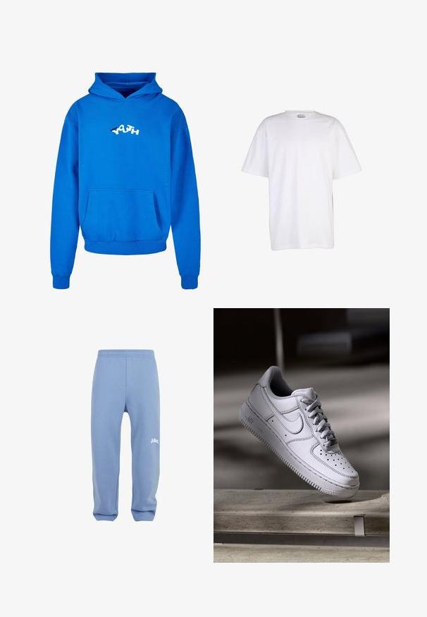 Blå hættetrøje lavet af bomuld, med en frontlomme og et grafik "YOUTH" logo i hvid og sort. Blød tekstur, casual pasform.; Ensfarvet hvid T-shirt i bomuld med korte ærmer, rund halsudskæring og løs pasform, vist på en hvid baggrund.; Lyseblå sweatpants med elastisk talje, tætsiddende ben og et hvidt logo på venstre lår. Lavet af blødt, struktureret stof.; Hvid læder Nike Air Force 1 sneaker med perforeret tå, flade snørebånd og tekstureret gummisål med "AIR" branding på siden.