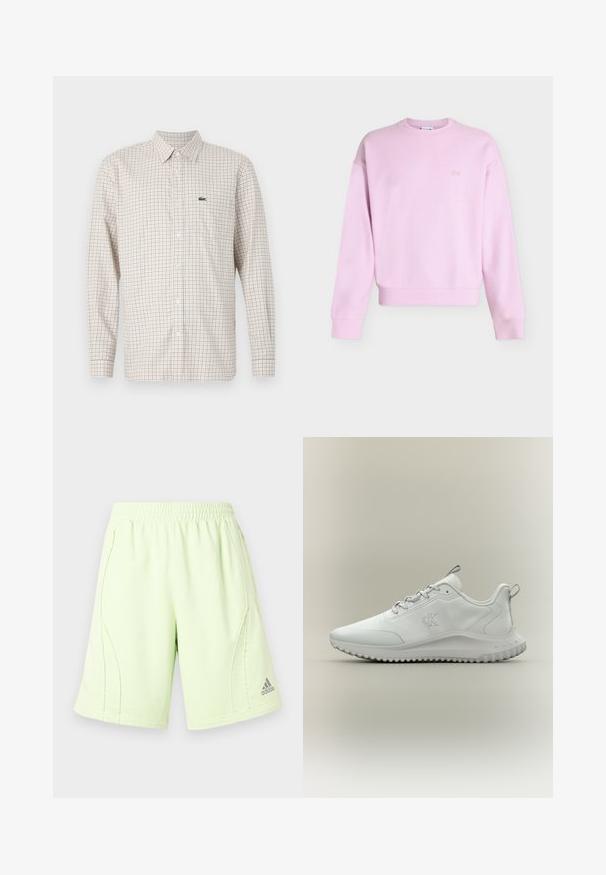 Lyserød langærmet crewneck-sweatshirt med ribstrikkede manchetter og kant, lille broderet logo på venstre bryst, ensfarvet tekstureret stof.; Langærmet beige skjorte med rødt og blåt ternet mønster, knappet foran, krave og grøn krokodillelogo på venstre bryst.; Lys grønne træningsshorts med elastisk taljebånd, sidesømme og et broderet logo på det nederste højre ben. Blød, glat tekstur.; Hvid lavtop atletiksko med tekstureret sål, snørebånd foran og "cK" logo på siden, vist i profil på en neutral baggrund.