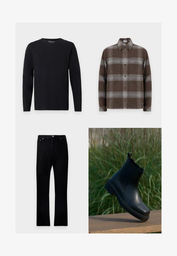 T-shirt noir à manches longues en tissu doux. Doté d'un col rond et d'une coupe droite sans motifs ni accessoires visibles.; Chemise en flanelle à carreaux marron et gris avec un devant à boutons, des manches longues et une texture douce. Présente un petit logo brodé sur l'ourlet.; Jean en denim noir avec une coupe droite, un design à cinq poches et des détails en métal à l'avant. Tissu texturé avec une finition lisse.; Bottines Chelsea en cuir noir avec côtés élastiques, bout rond, petit talon et tirant à l'arrière, sur un fond vert flou.