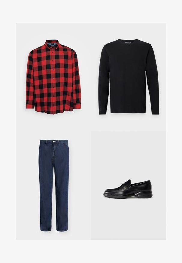 T-shirt noir à manches longues en tissu doux. Doté d'un col rond et d'une coupe droite sans motifs ni accessoires visibles.; Chemise à manches longues à carreaux rouges et noirs, en coton, col boutonné, boutons noirs, avec un grand motif à carreaux et un ourlet arrondi.; Jean droit en denim bleu foncé avec passants de ceinture, bouton devant et fermeture éclair, présenté sur un fond uni clair.; Mocassins en cuir noir avec une semelle en caoutchouc texturée et basse, et un design cousu sur le dessus. Présente une pointe arrondie et des embellissements minimaux.