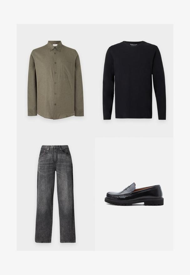 T-shirt noir à manches longues en tissu doux. Doté d'un col rond et d'une coupe droite sans motifs ni accessoires visibles.; Chemise à manches longues vert olive boutonnée, avec col et poche poitrine, présentée de face sur un fond gris clair uni.; Jean noir taille haute à jambes droites avec poches avant et arrière, passants pour ceinture et coutures apparentes.; Mocassin penny en cuir noir avec semelle en caoutchouc épaisse et couture moc toe, montré de profil sur un fond blanc.