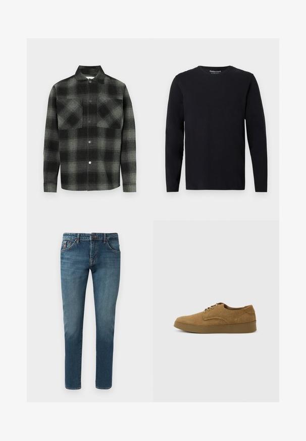 T-shirt noir à manches longues en tissu doux. Doté d'un col rond et d'une coupe droite sans motifs ni accessoires visibles.; Chemise à carreaux dans des tons de noir et gris, avec une fermeture boutonnée à l'avant, deux poches poitrine et un col. Confectionnée dans un tissu texturé.; Jean en denim bleu slim fit avec cinq poches, fermeture par boutons et détails cousus, présenté sur un fond blanc.; Chaussure décontractée à lacets en daim marron avec semelle en caoutchouc plate, vue de côté sur un fond clair uni.