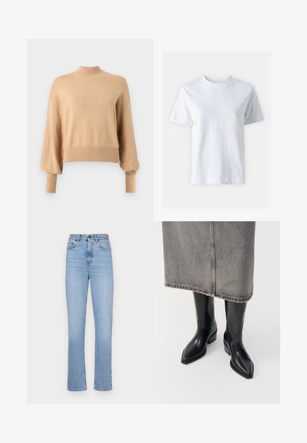 Beige strikket sweater med høj, overdækket hals, sænkede skuldre og ribbede ærmeafslutninger. Den afslappede pasform har en kort længde og blød tekstur.; Hvid bomulds t-shirt med rund halsudskæring, korte ærmer, lige snit og glat tekstur. Ingen mønstre eller dekorationer.; Lys blå denim jeans med lige bendesign, høj talje og klassisk fem-lomme stil. Har en glat tekstur og subtilt slid.; Sorte læder cowboy støvler med spids tå og kraftig hæl, der har en glat finish og slankt design, parret med en grå nederdel.