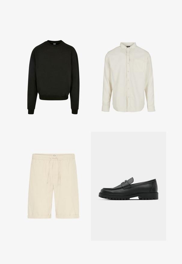 Sweatshirt noir à col rond en tissu mélangé coton, avec des manches longues et des poignets et un ourlet côtelés. Design simple et uni.; Chemise beige clair à manches longues avec un col boutonné, une poche avant et un tissu texturé. Cinq boutons sur le devant. Coupe classique.; Short beige en coton avec taille élastique et cordon de serrage. Ourlets retournés et texture lisse, présentant des détails de design minimalistes.; Mocassins en cuir noir à bout arrondi, avec un design cousu, une semelle plateforme basse et une semelle en caoutchouc texturée et crantée.