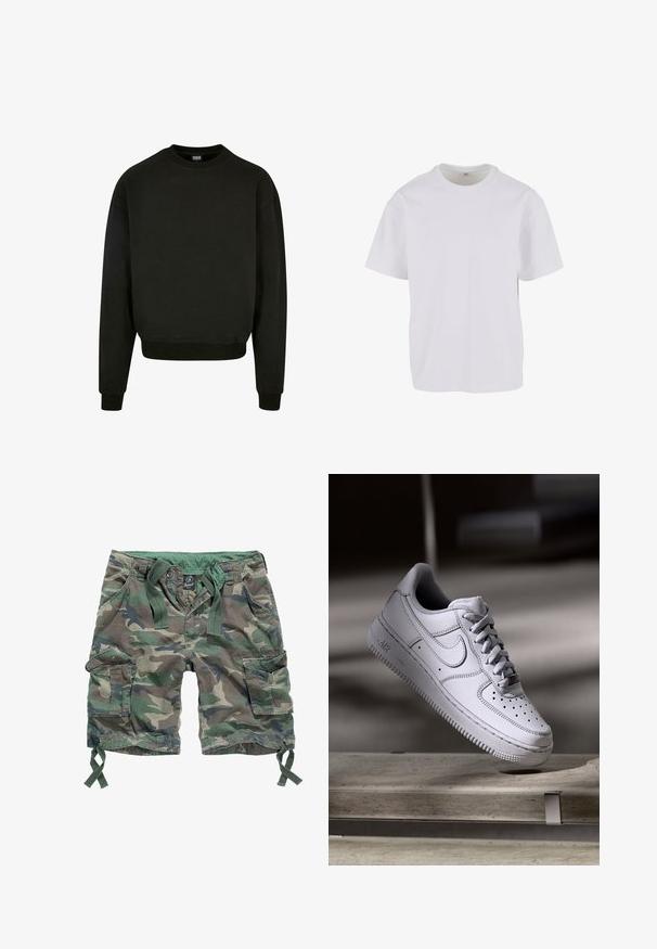 Sweat-shirt noir à manches longues avec col rond, poignets et ourlet côtelés, devant uni, et étiquette de taille moyenne à l'intérieur du col.; T-shirt blanc uni à manches courtes et col rond, présenté sur un fond blanc, taille M visible sur l'étiquette intérieure.; Shorts cargo à motif camouflage, dotés de plusieurs poches, d'une taille élastique avec cordons de serrage et d'un matériau en coton.; La basket Nike Air Force 1 en cuir blanc présente un embout perforé, des lacets plats et une semelle en caoutchouc texturée avec le logo « AIR » sur le côté.