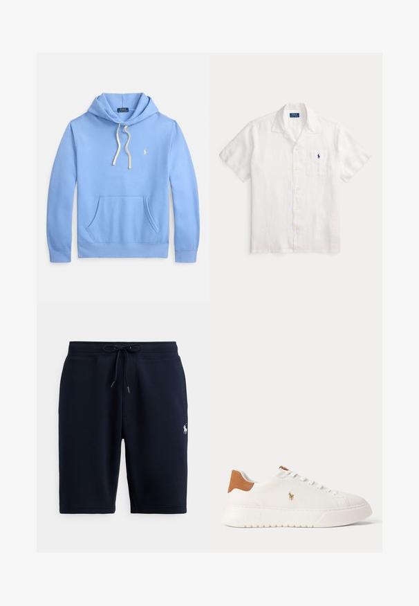 Lyseblå hættetrøje med frontlomme, snøre i hætten og broderet logo i gul. Fremstillet af blødt bomuldsmateriale.; Hvid kortærmet skjorte med knapper, krave og frontlomme med lille blåt Polo Ralph Lauren-logo.; Marineblå atletiske shorts i bomuld med elastisk taljebånd, snor og logoaccents på venstre side. Glat tekstur, knælang.; Hvid lavtop sneaker med tan hælfane, hvide snørebånd og lille broderet polo-spiller logo på siden over en tyk sål.